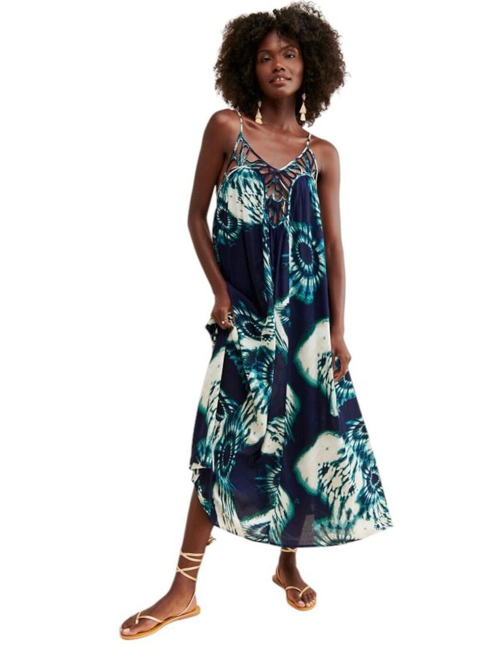 ANTHROPOLOGIE Drama Beach Midi Dress Flowy Boho Blue/White Strappy Sz XL #1386